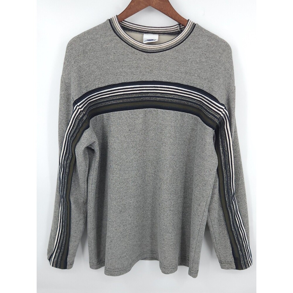 Vintage 90s Wooden Dog Mens Gray Striped Crewneck Sweatshirt Ribbed Collar L
